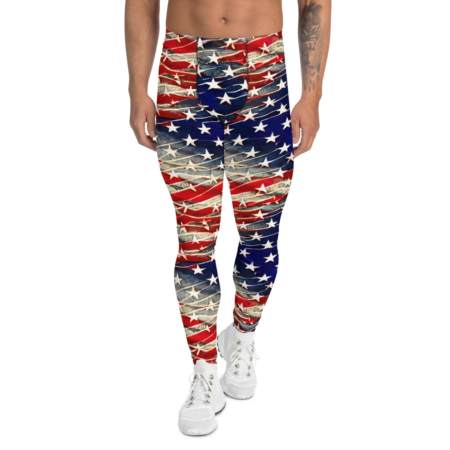 Men's all-over print leggings with white background, full-back view alternate angle.