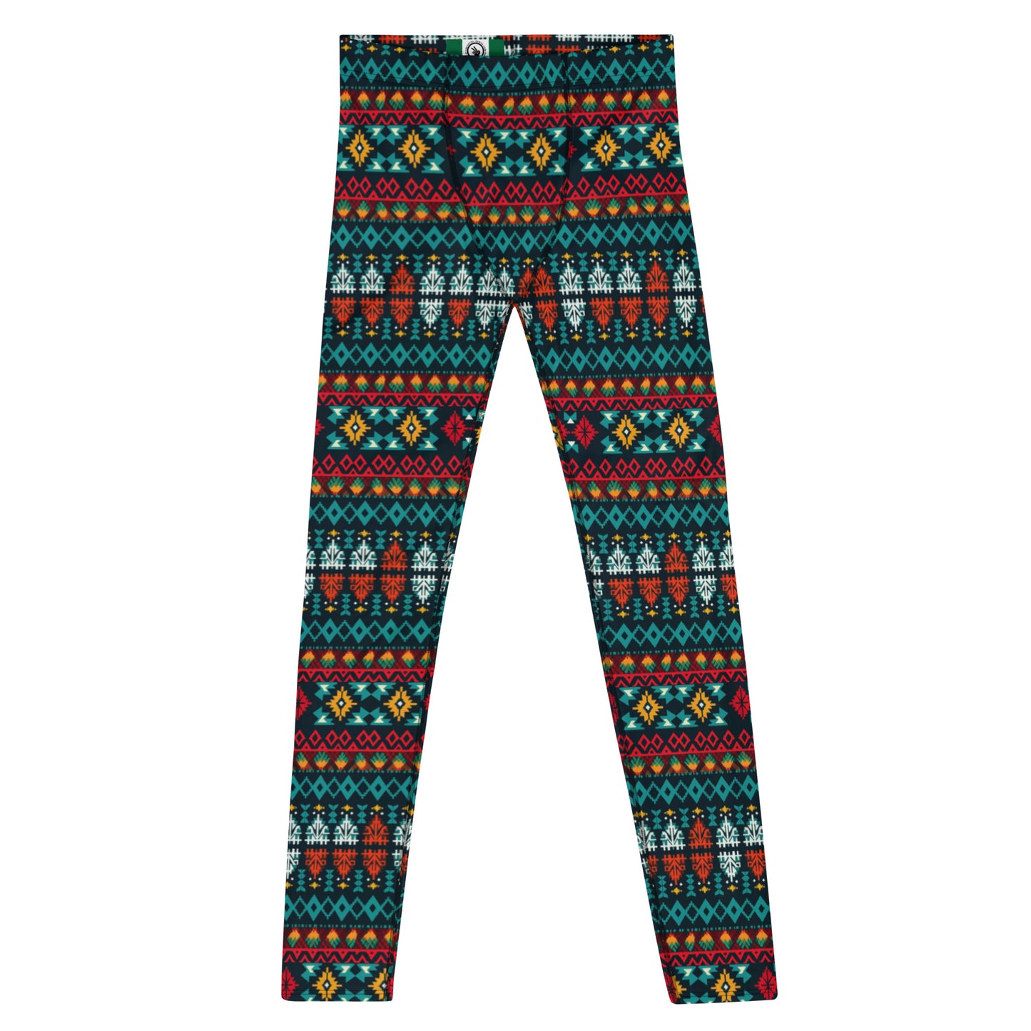 Men's all-over print leggings with white background, full-front view.