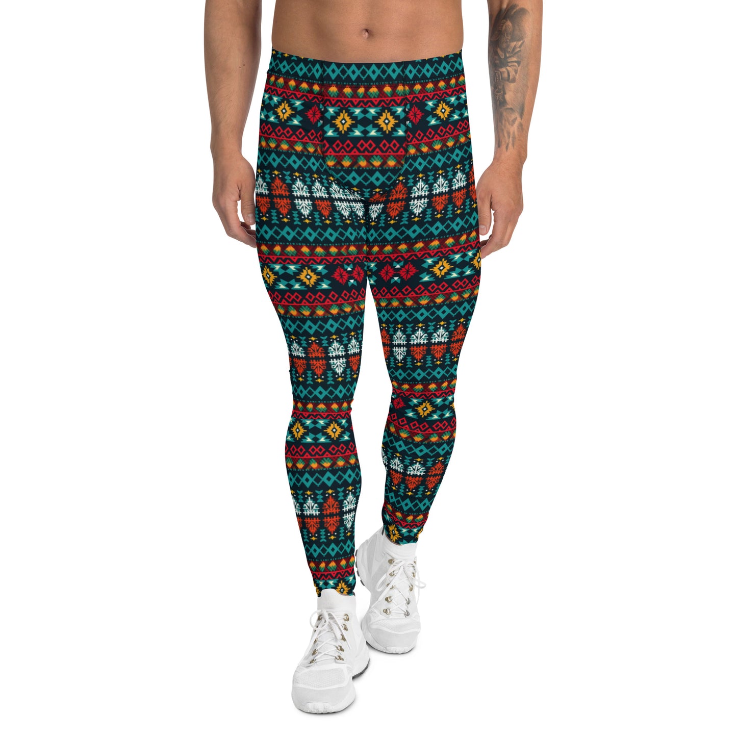 Men's all-over print leggings with white background, right-side view.