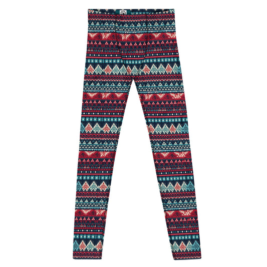 Men's all-over print leggings with white background, full-front view.