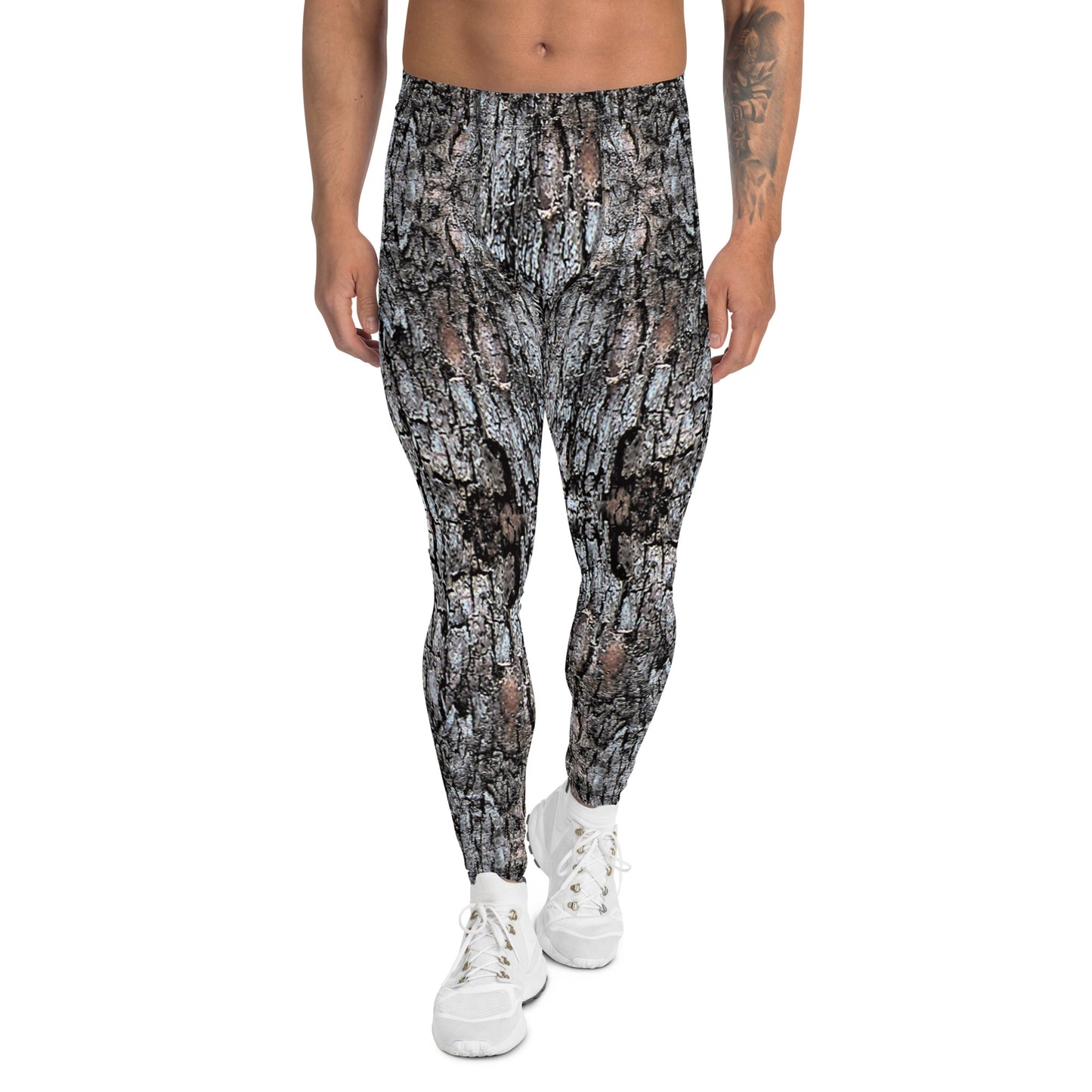 Men's all-over print leggings with white background, left-side view.