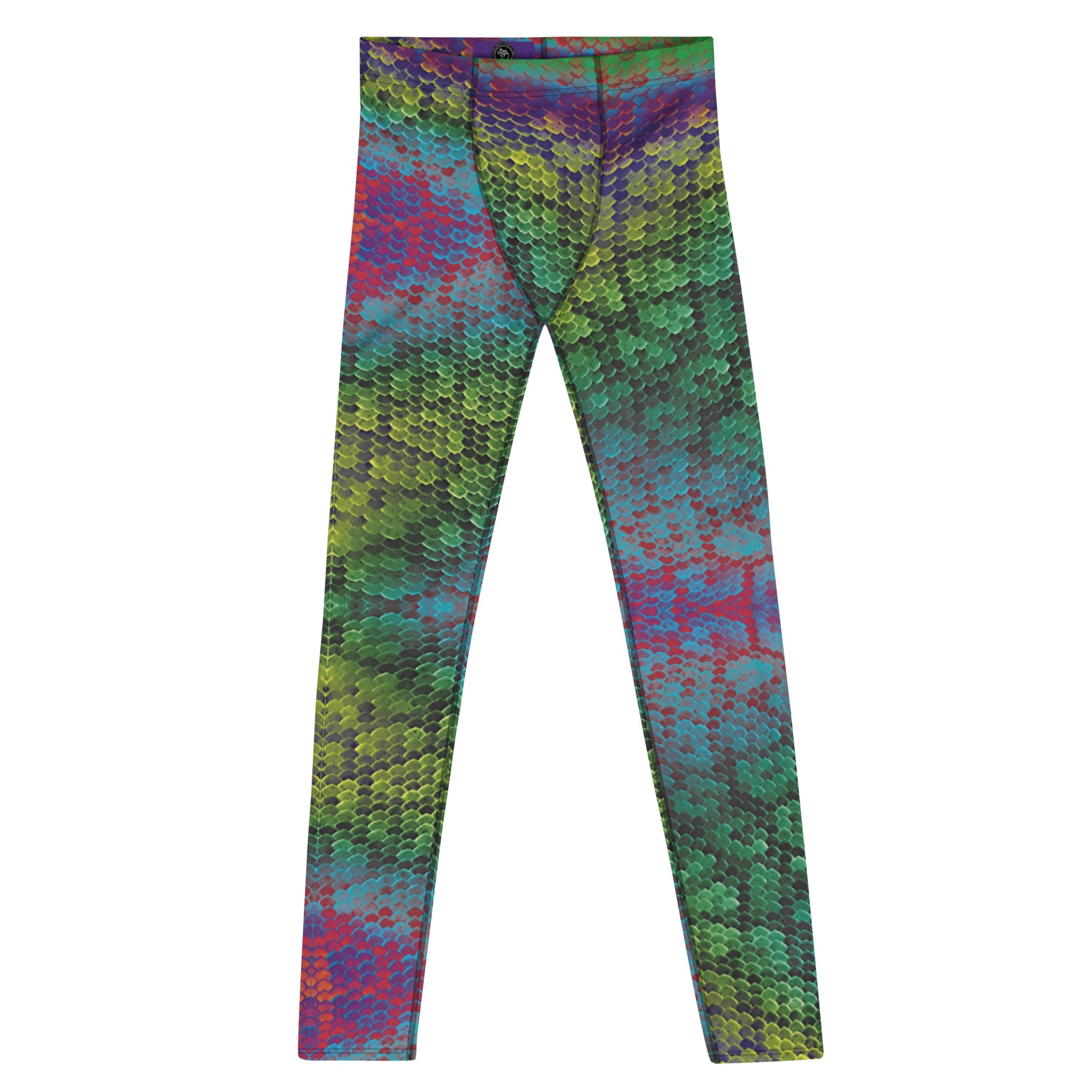 Men's all-over print leggings with white background, full-front view.