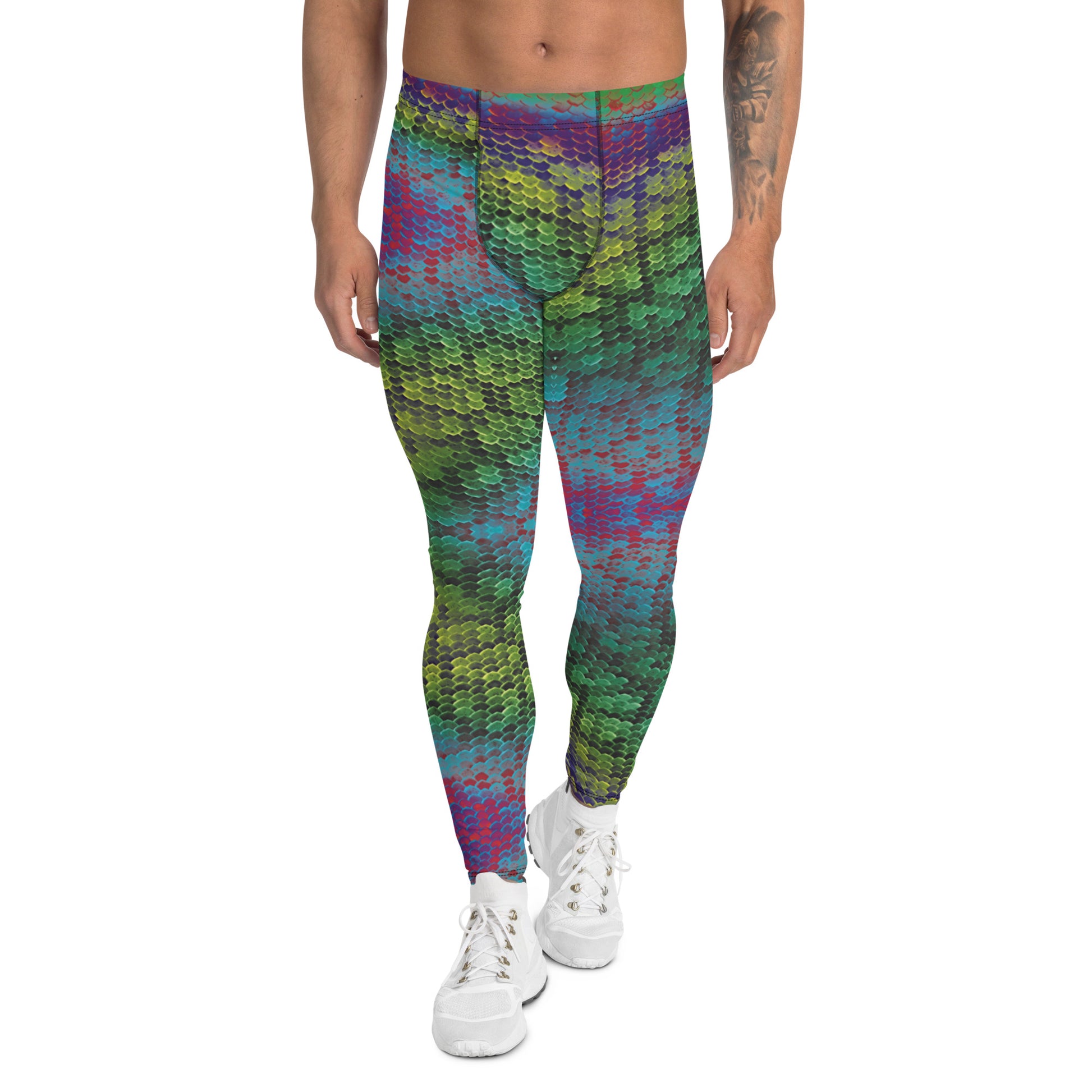 Men's all-over print leggings with white background, left-side view alternate angle.