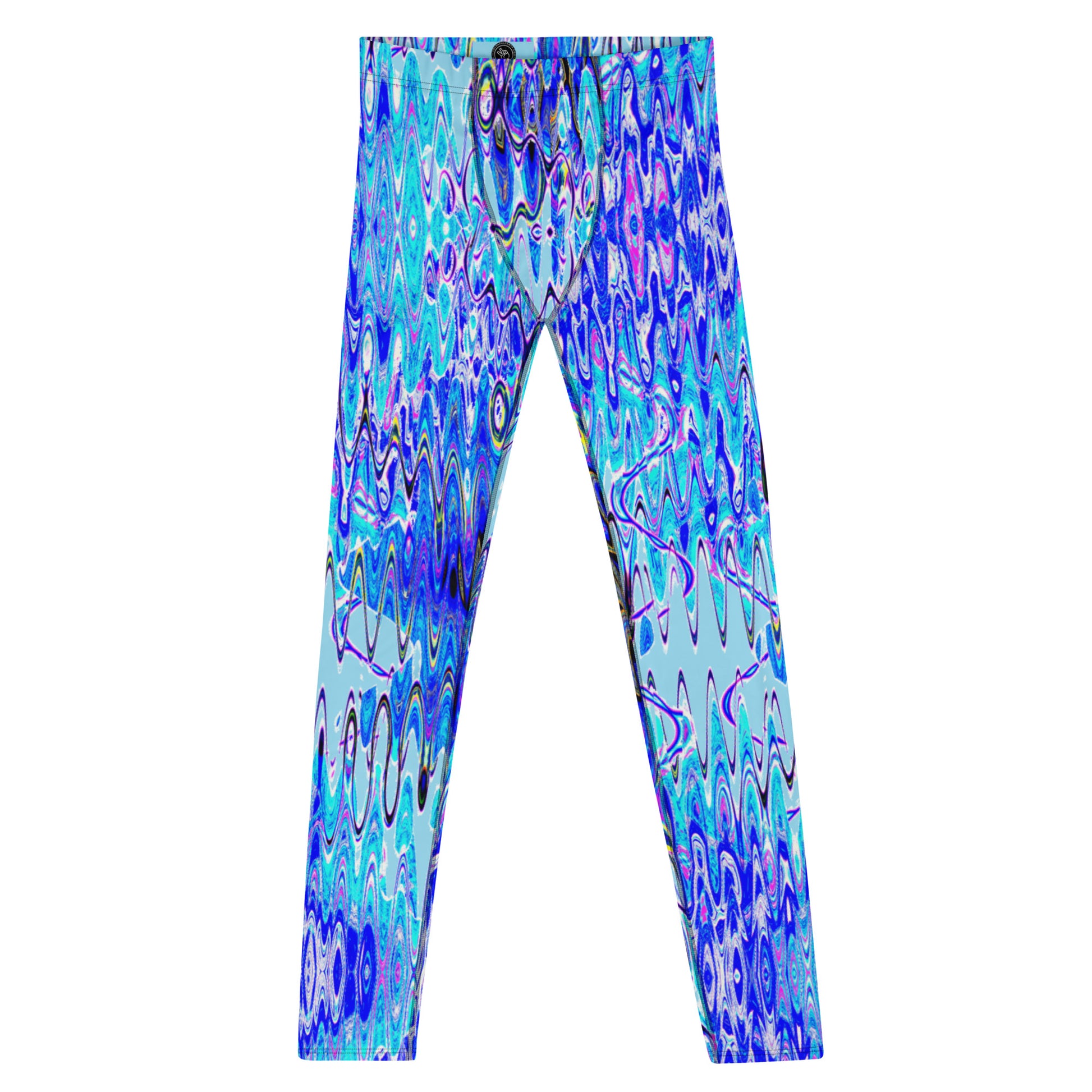 Men's all-over print leggings with white background, full-front view.