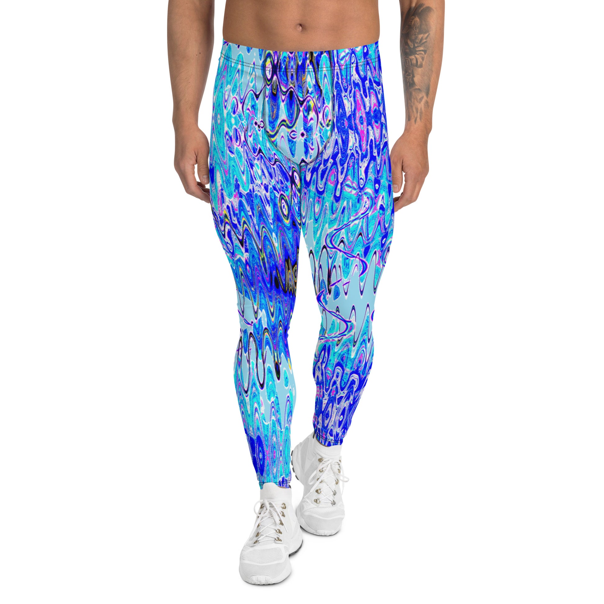 Men's all-over print leggings with white background, left-side view alternate angle.