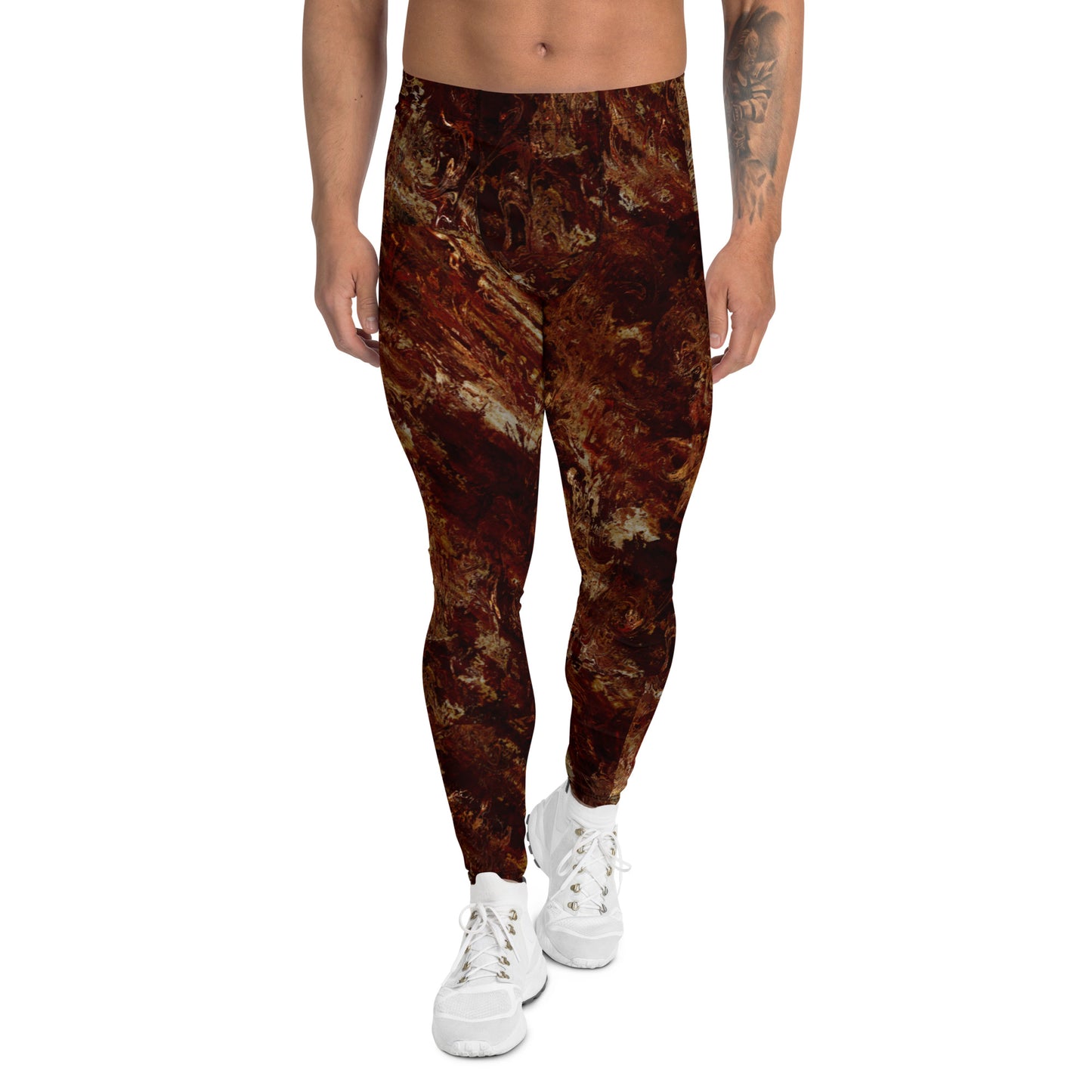 Men's all-over print leggings with white background, left-side view alternate angle.