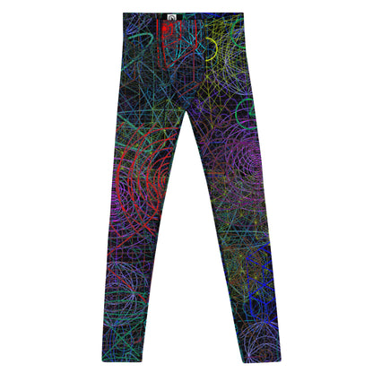 Men's all-over print leggings with white background, full-front view.