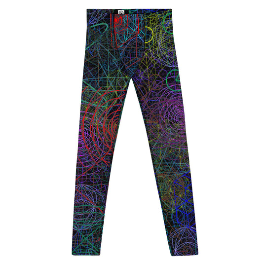 Men's all-over print leggings with white background, full-front view.