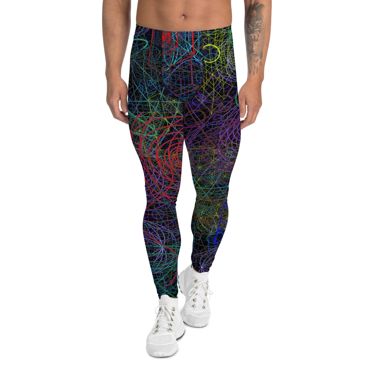 Men's all-over print leggings with white background, right-side view.