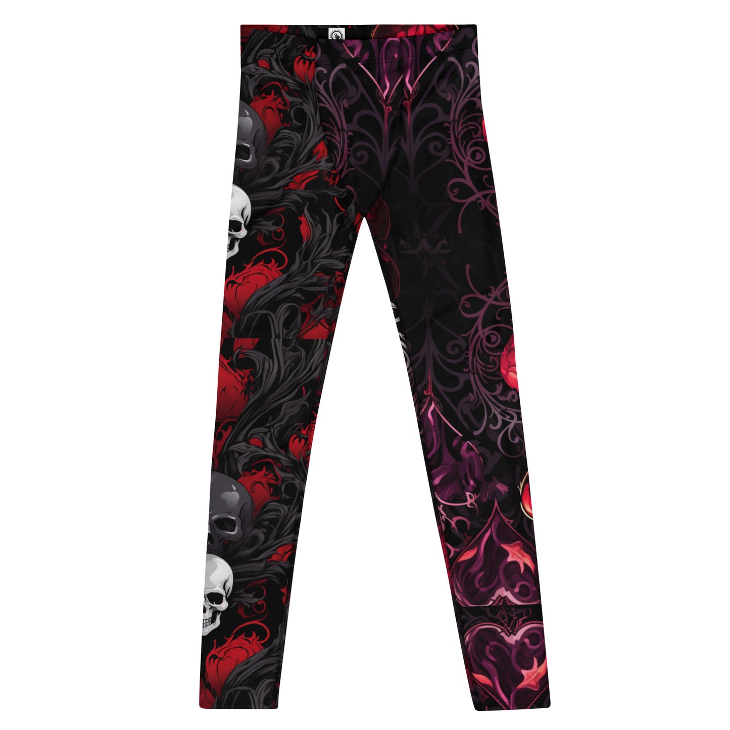 Men's all-over print leggings with white background, full-front view.