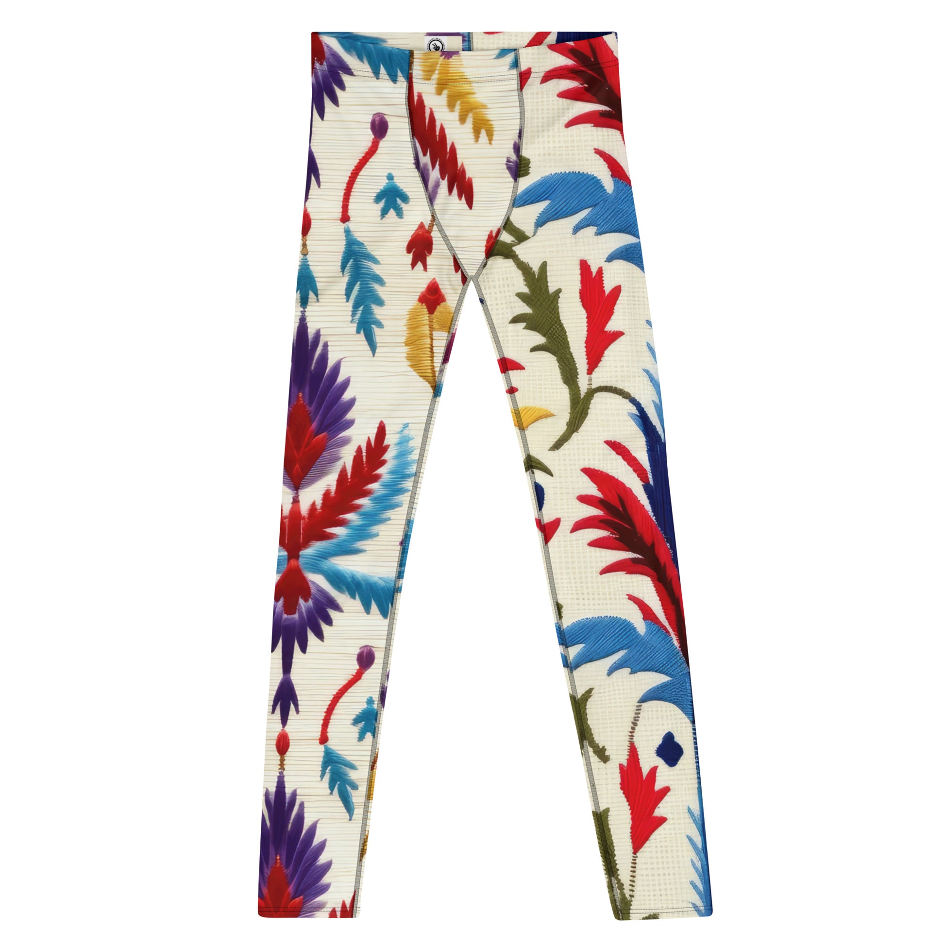 Men's all-over print leggings with white background, full-front view.