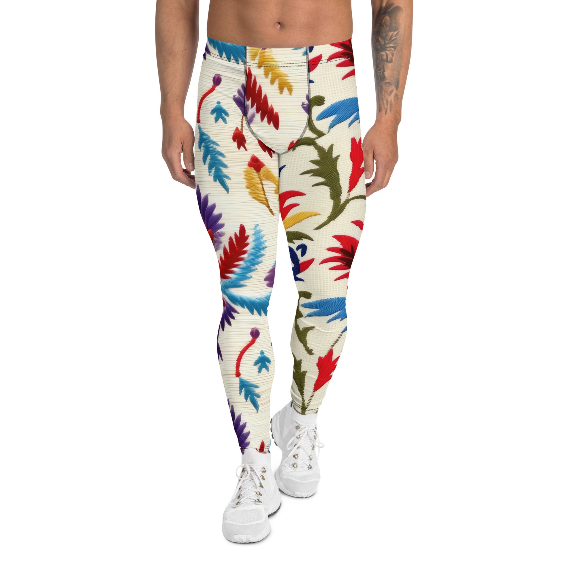 Men's all-over print leggings with white background, full-front view alternate angle.