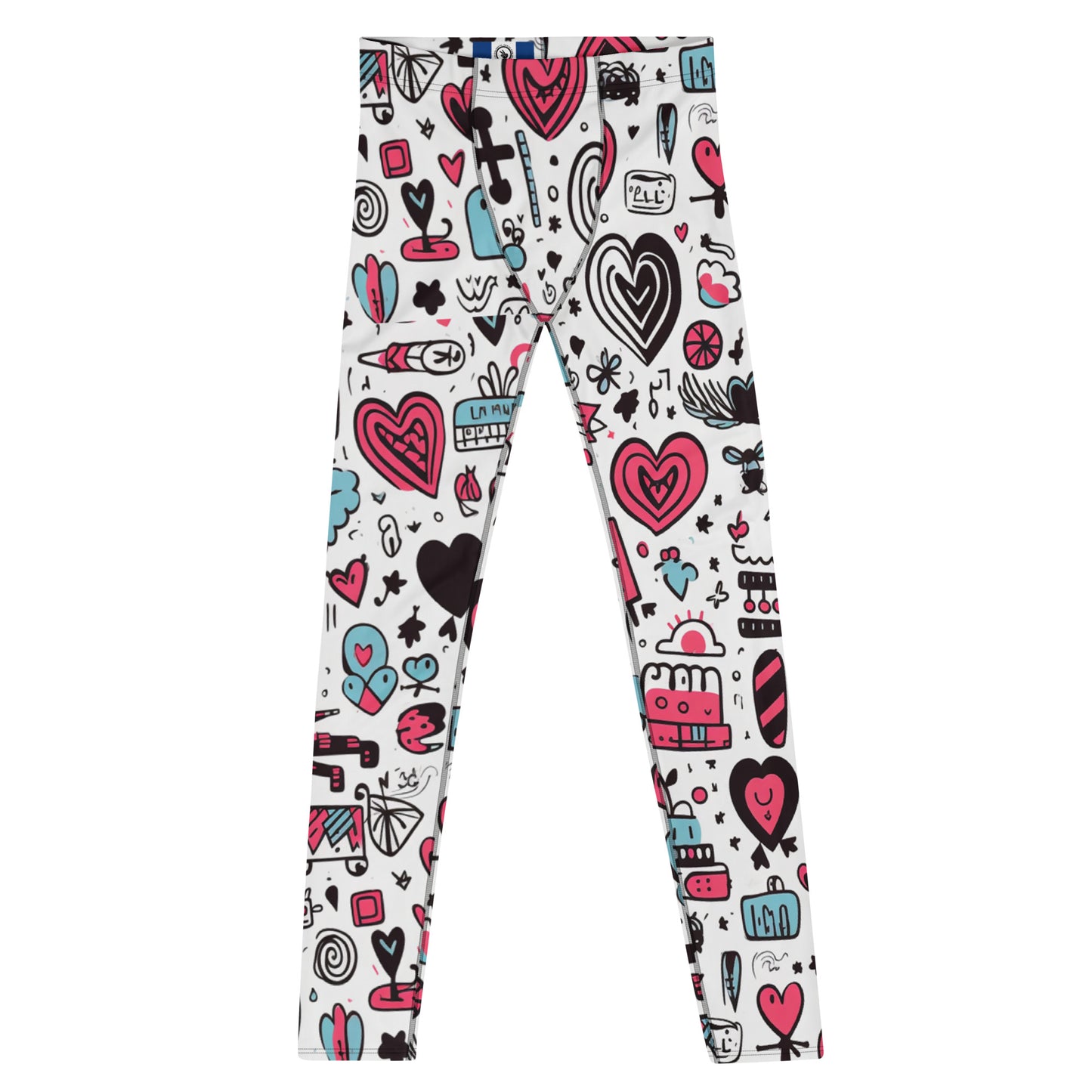 Men's all-over print leggings with white background, full-front view.