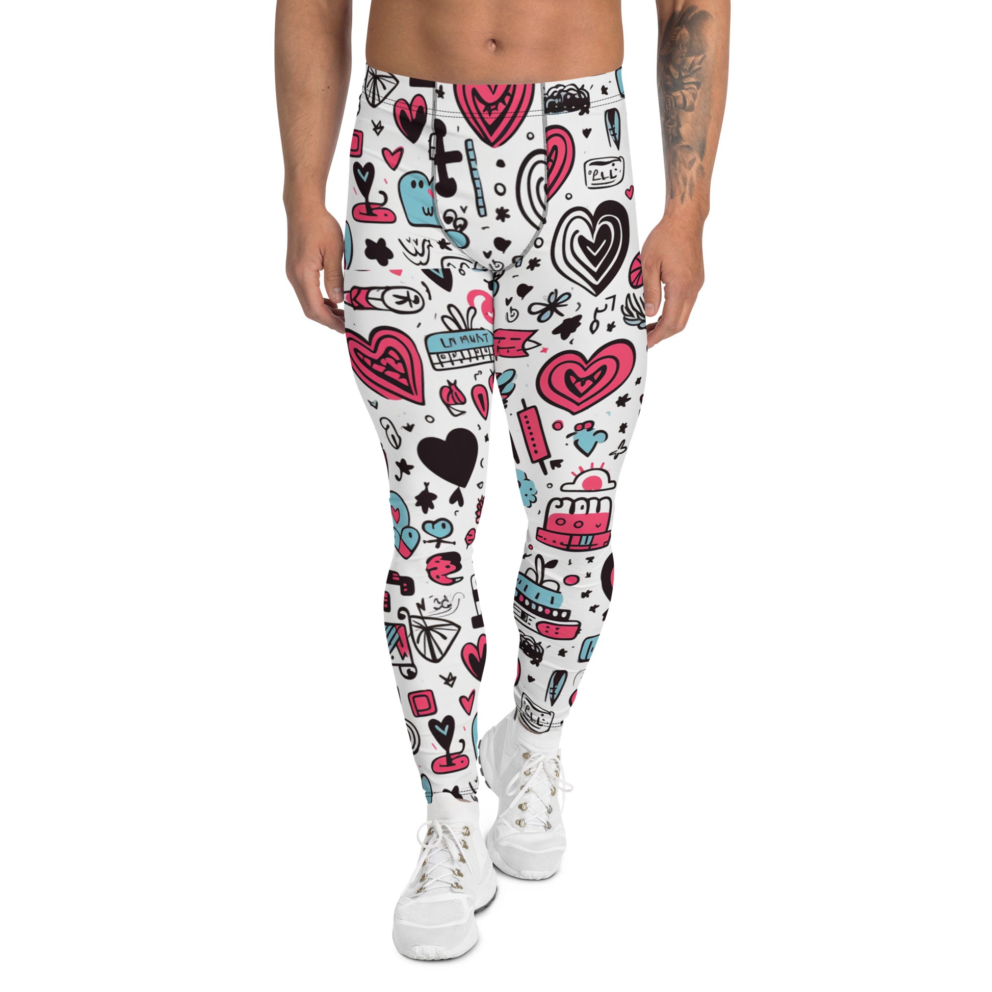 Men's all-over print leggings with white background, full-front view alternate angle.