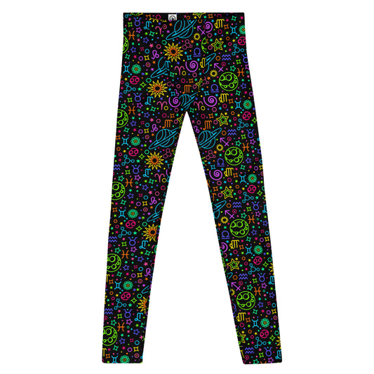 Men's all-over print leggings with white background, full-front view.