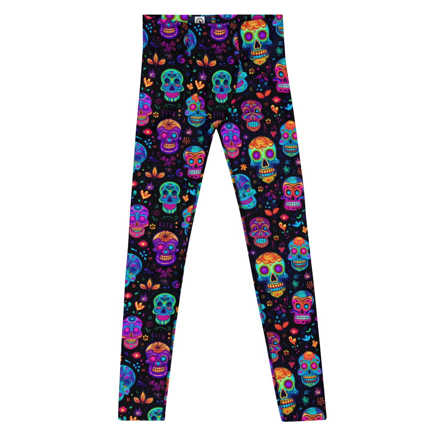 Men's all-over print leggings with white background, full-front view.