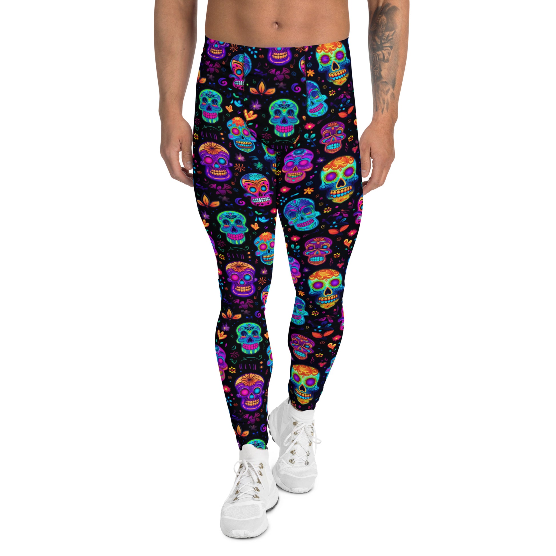 Men's all-over print leggings with white background, full-front view alternate angle.