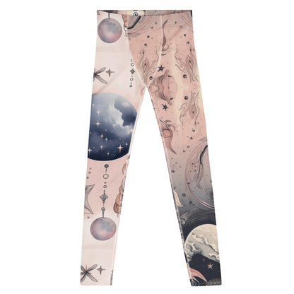 Men's all-over print leggings with white background, full-front view.