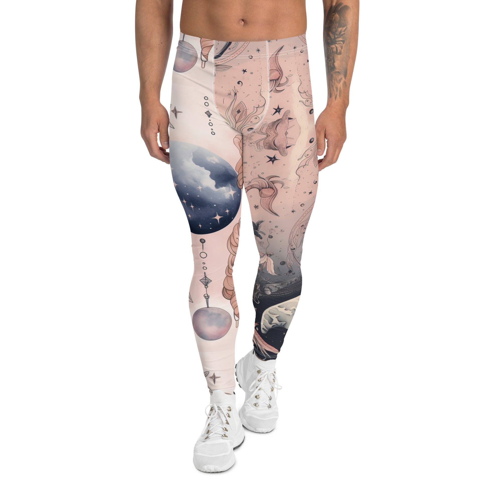 Men's all-over print leggings with white background, full-front view alternate angle.