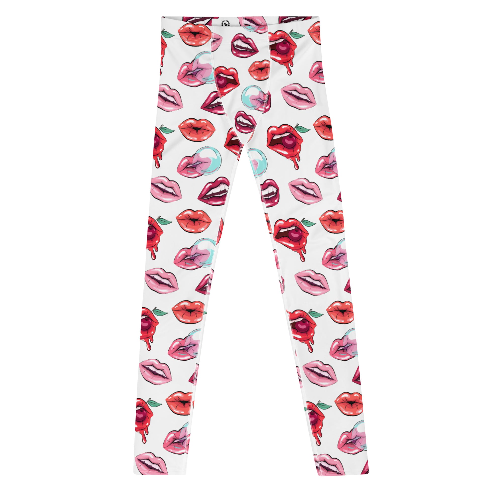 Men's all-over print leggings with white background, full-front view.