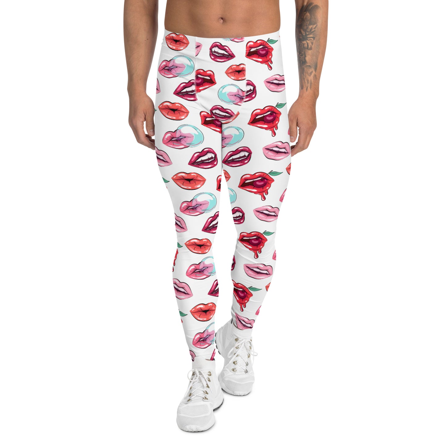 Men's all-over print leggings with white background, full-front view alternate angle.