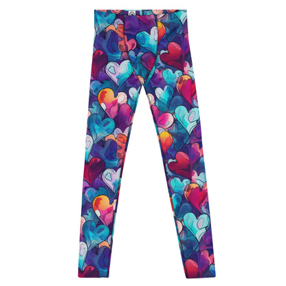 Men's all-over print leggings with white background, full-front view.