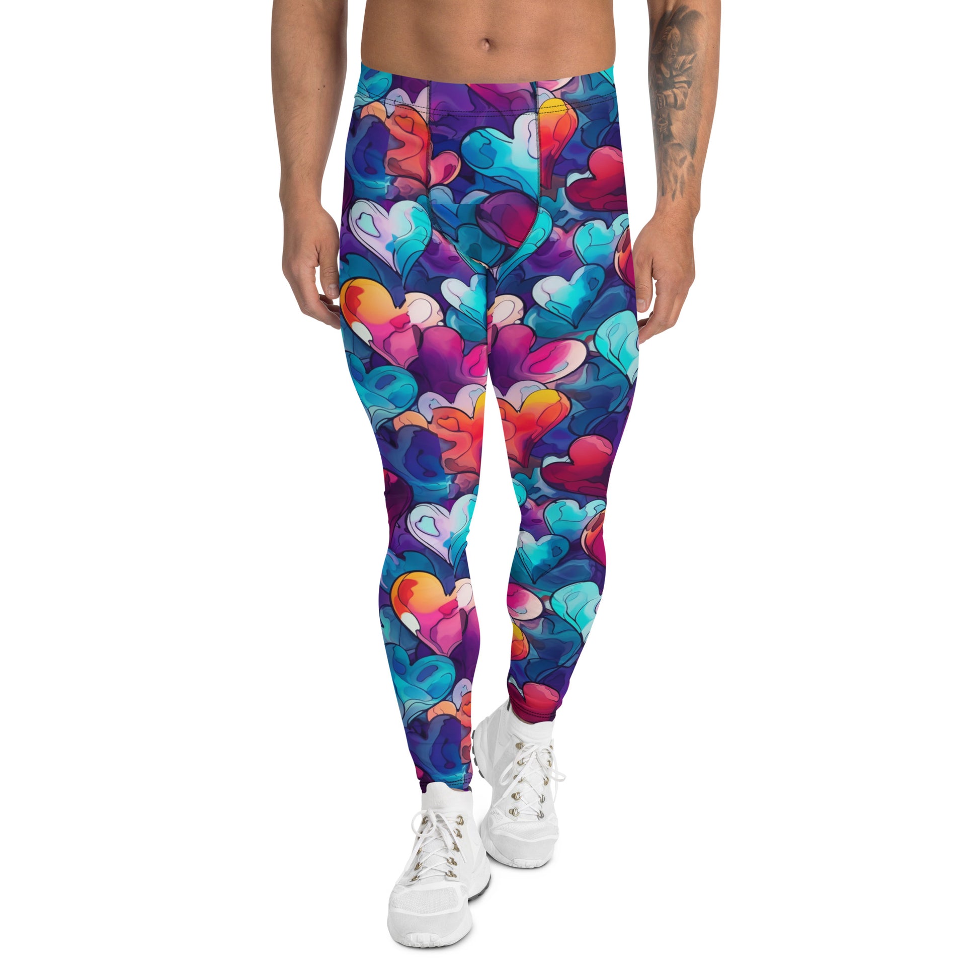 Men's all-over print leggings with white background, full-front view alternate angle.