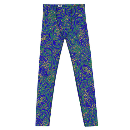 Men's all-over print leggings with white background, full-front view.