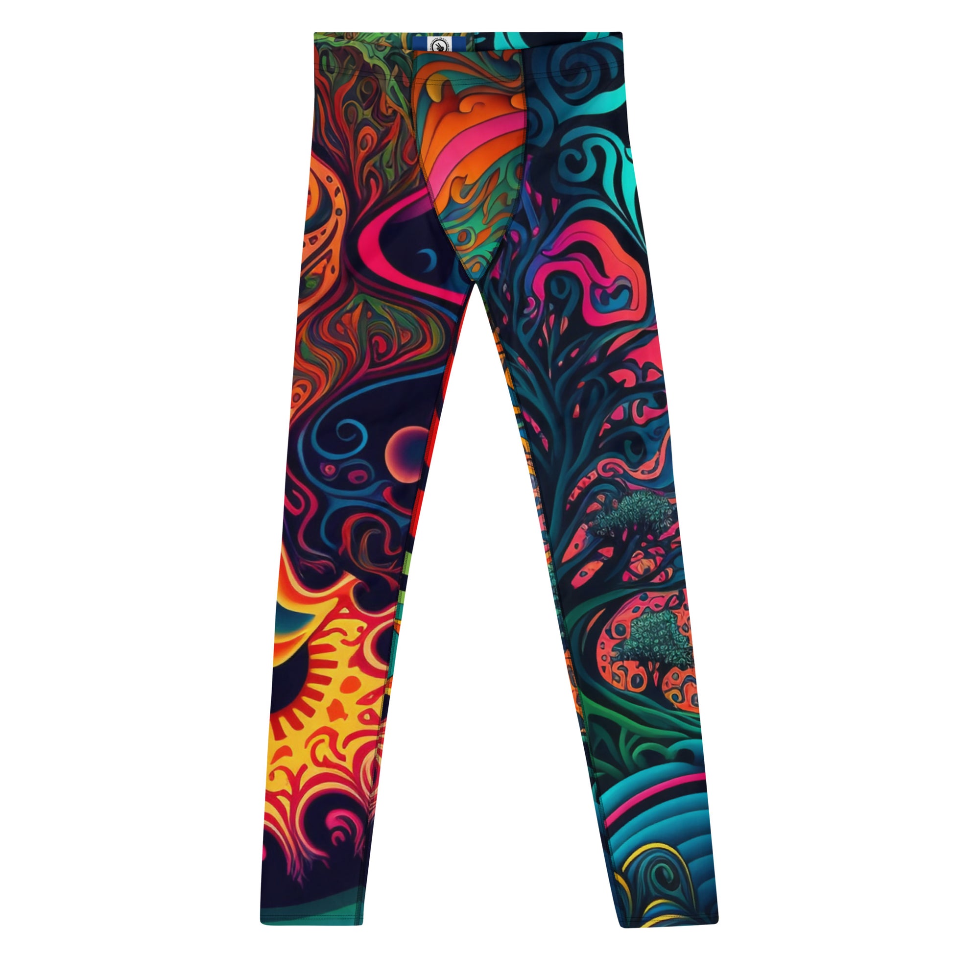 Men's all-over print leggings with white background, full-front view.