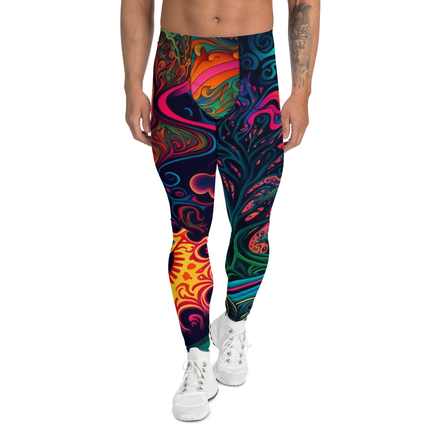 Men's all-over print leggings with white background, full-front view alternate angle.