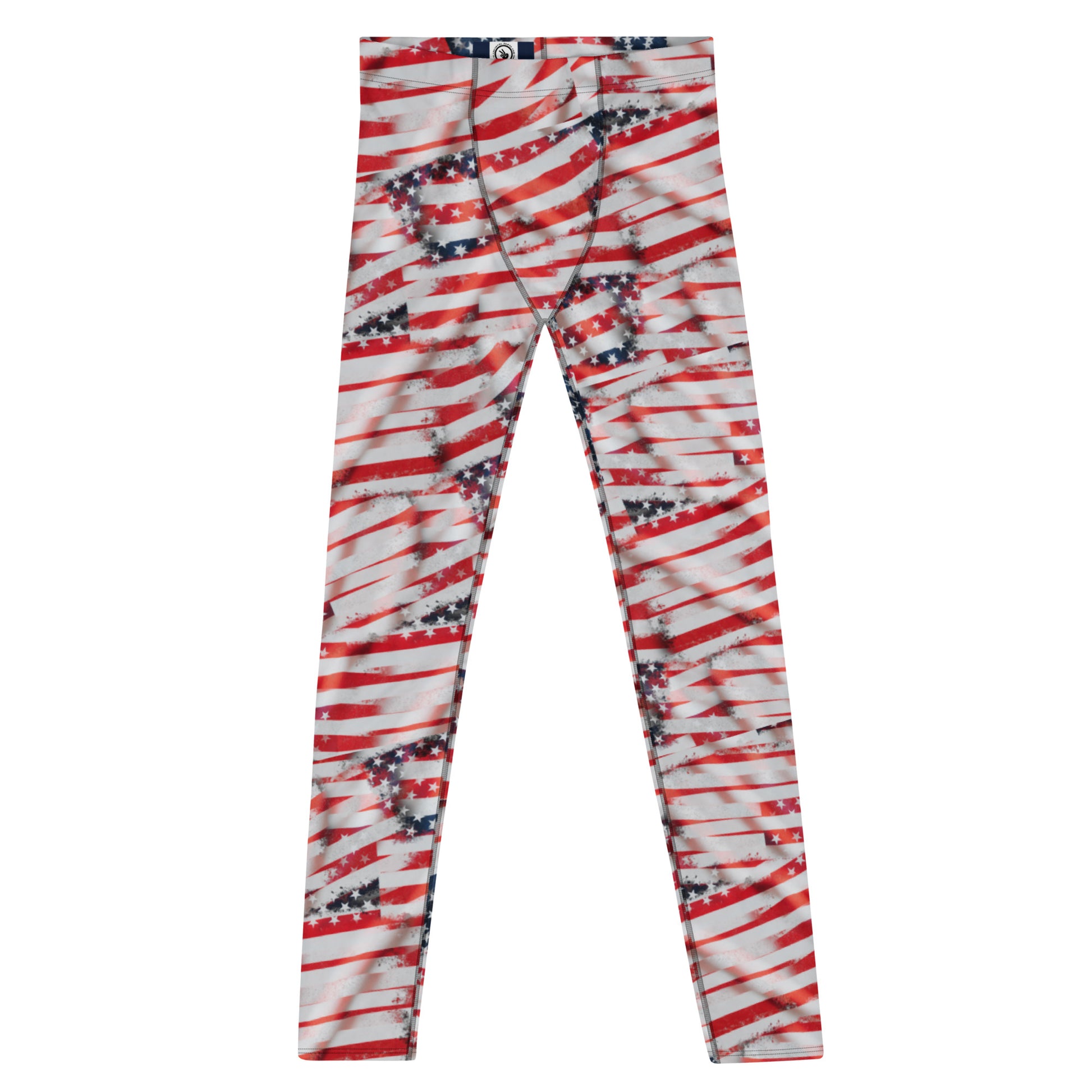 Men's all-over print leggings with white background, full-front view.