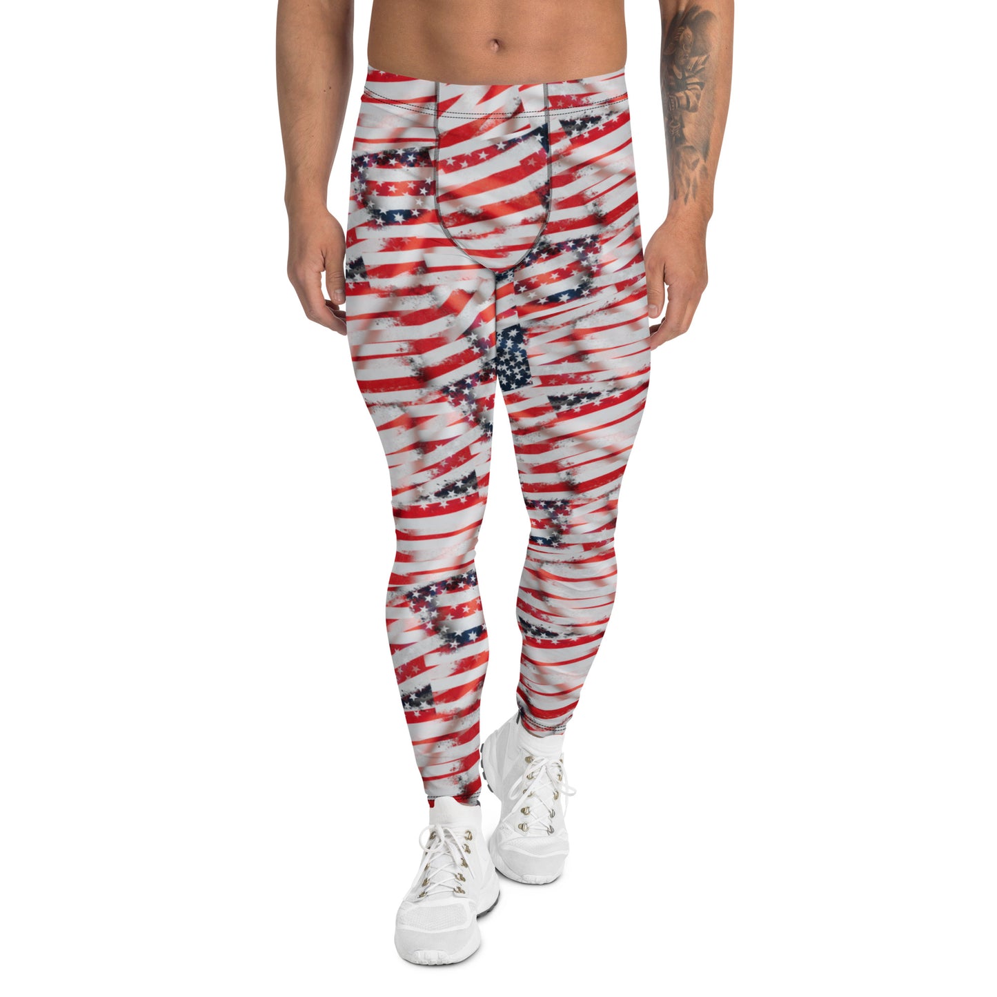 Men's all-over print leggings with white background, full-front view alternate angle.