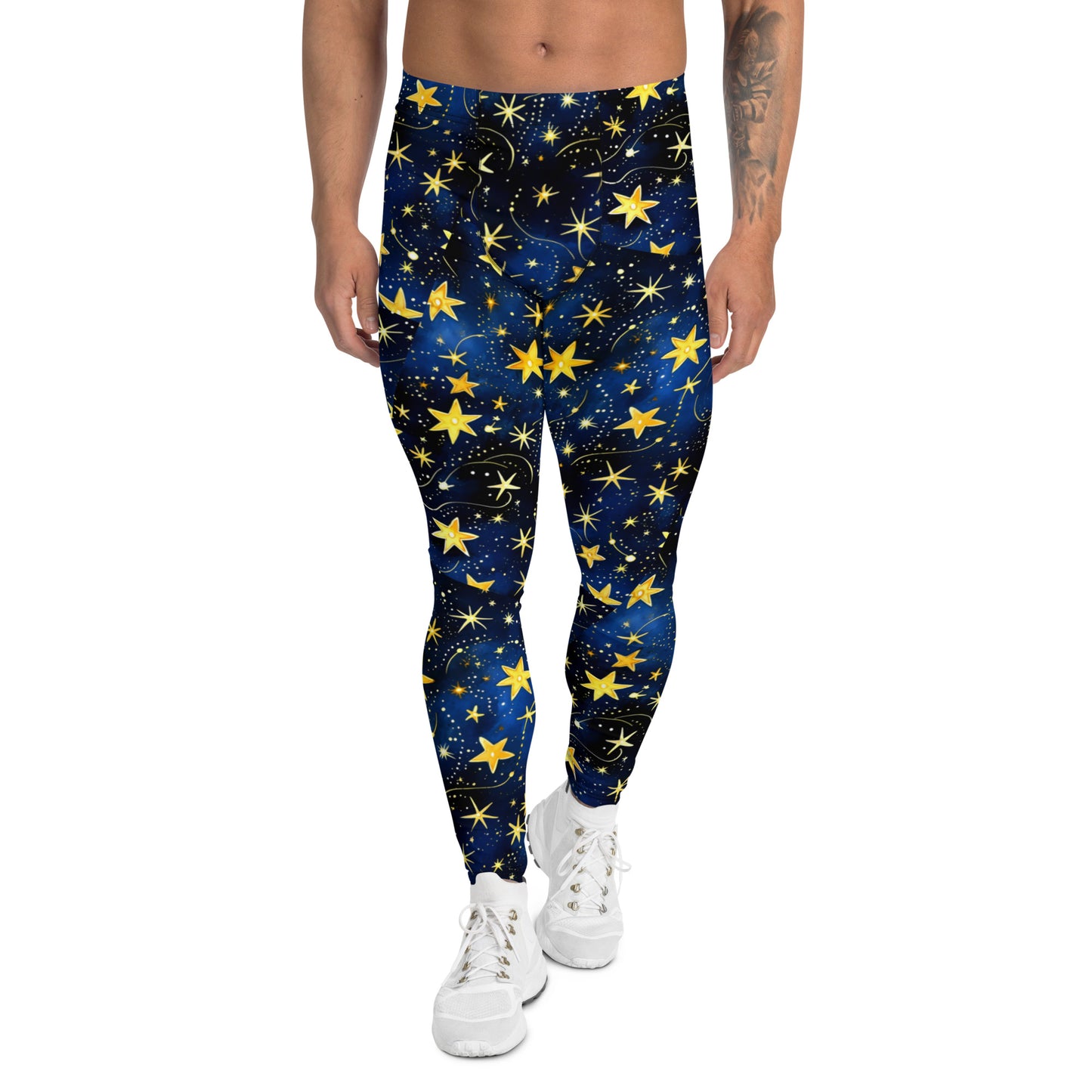 Men's all-over print leggings with white background, full-front view alternate angle.