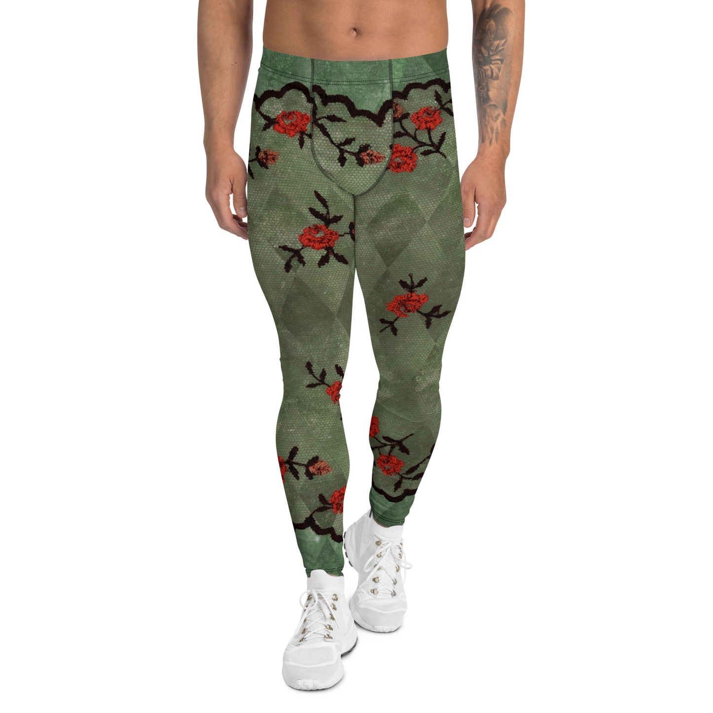 Men's all-over print leggings with white background, full-front view alternate angle.