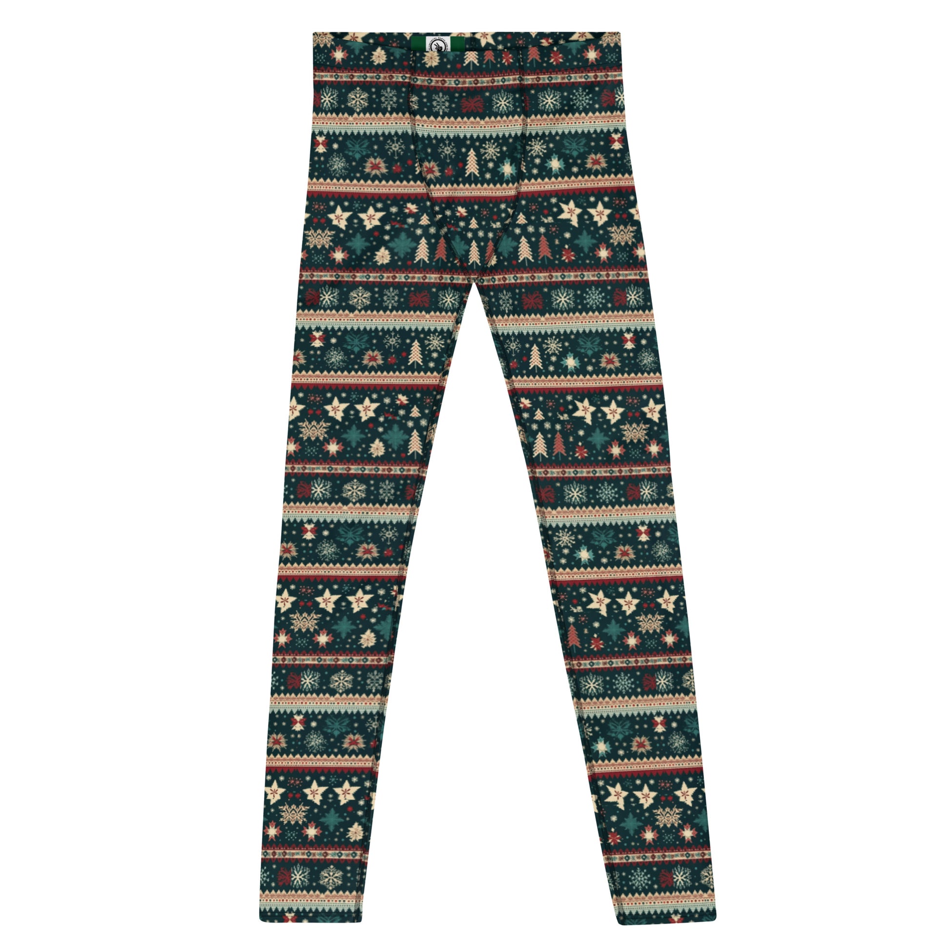 Men's all-over print leggings with white background, full-front view.