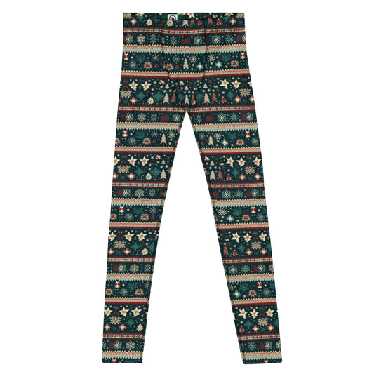 Men's all-over print leggings with white background, full-front view.