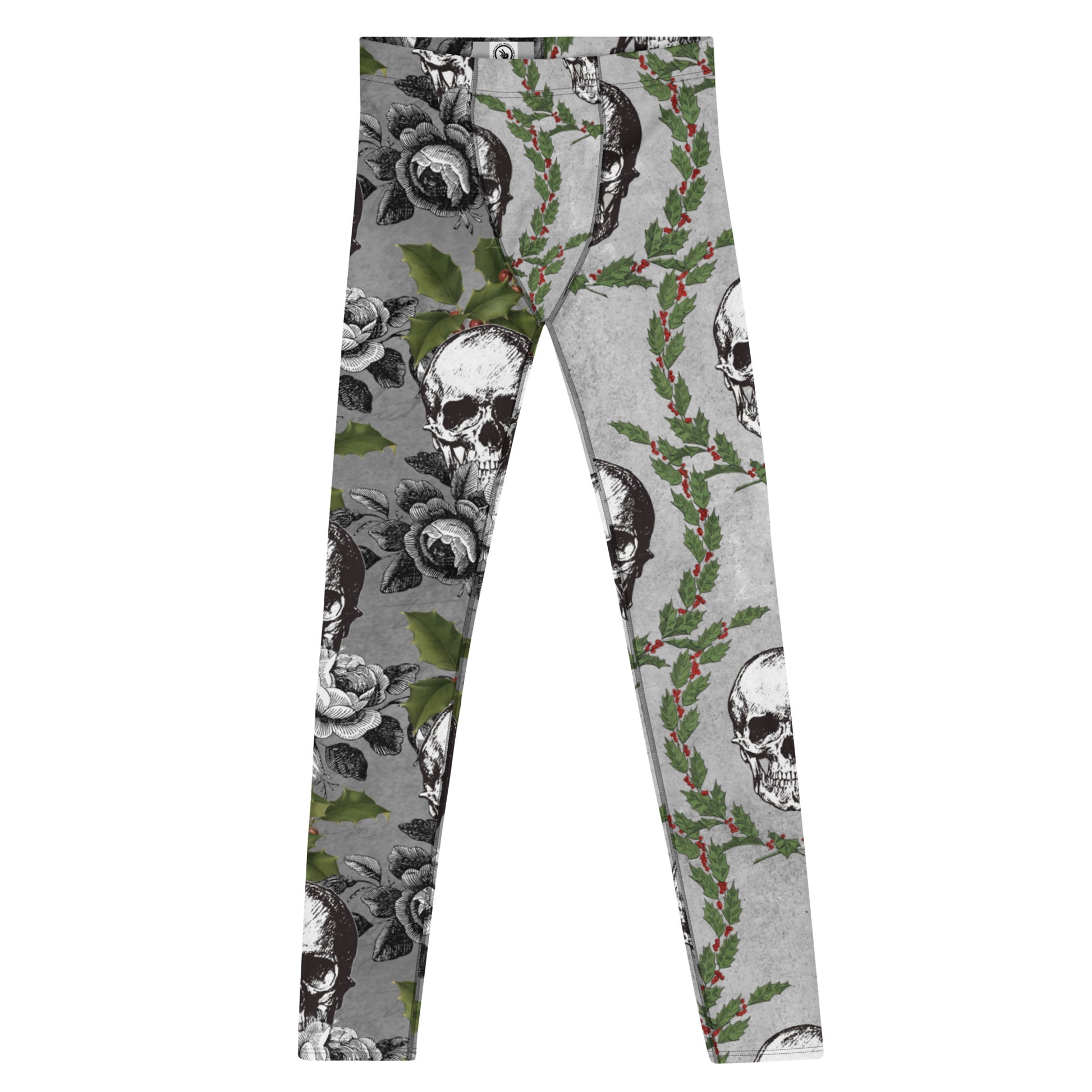 Men's all-over print leggings with white background, full-front view.