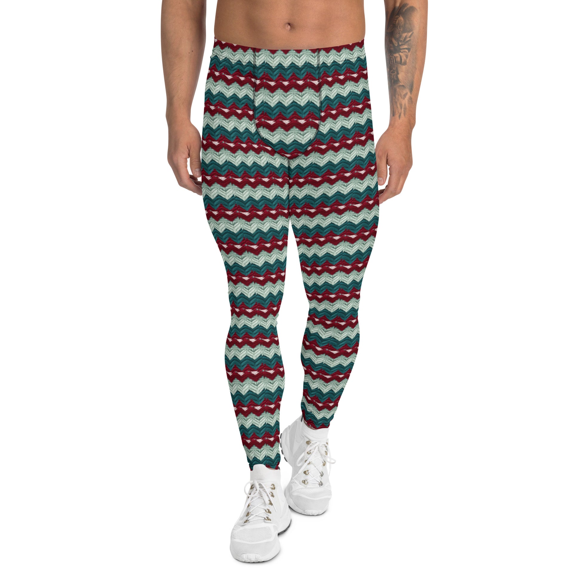 Men's all-over print leggings with white background, full-front view alternate angle.