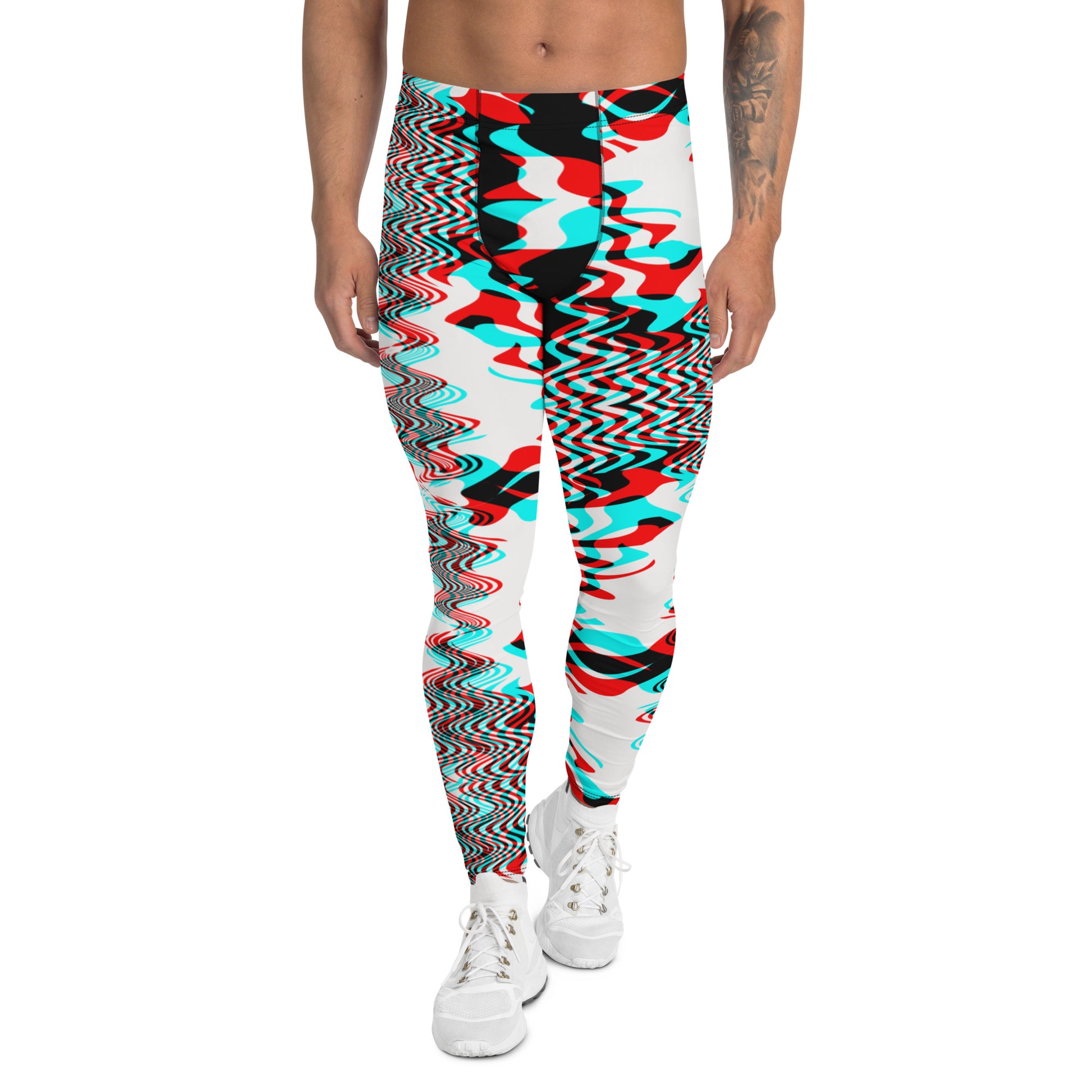 Men's all-over print leggings with white background, full-front view alternate angle.