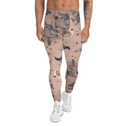 Men's all-over print leggings with white background, full-front view alternate angle.