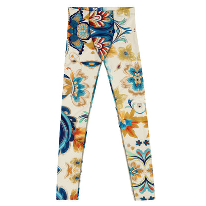 Men's all-over print leggings with white background, full-front view.