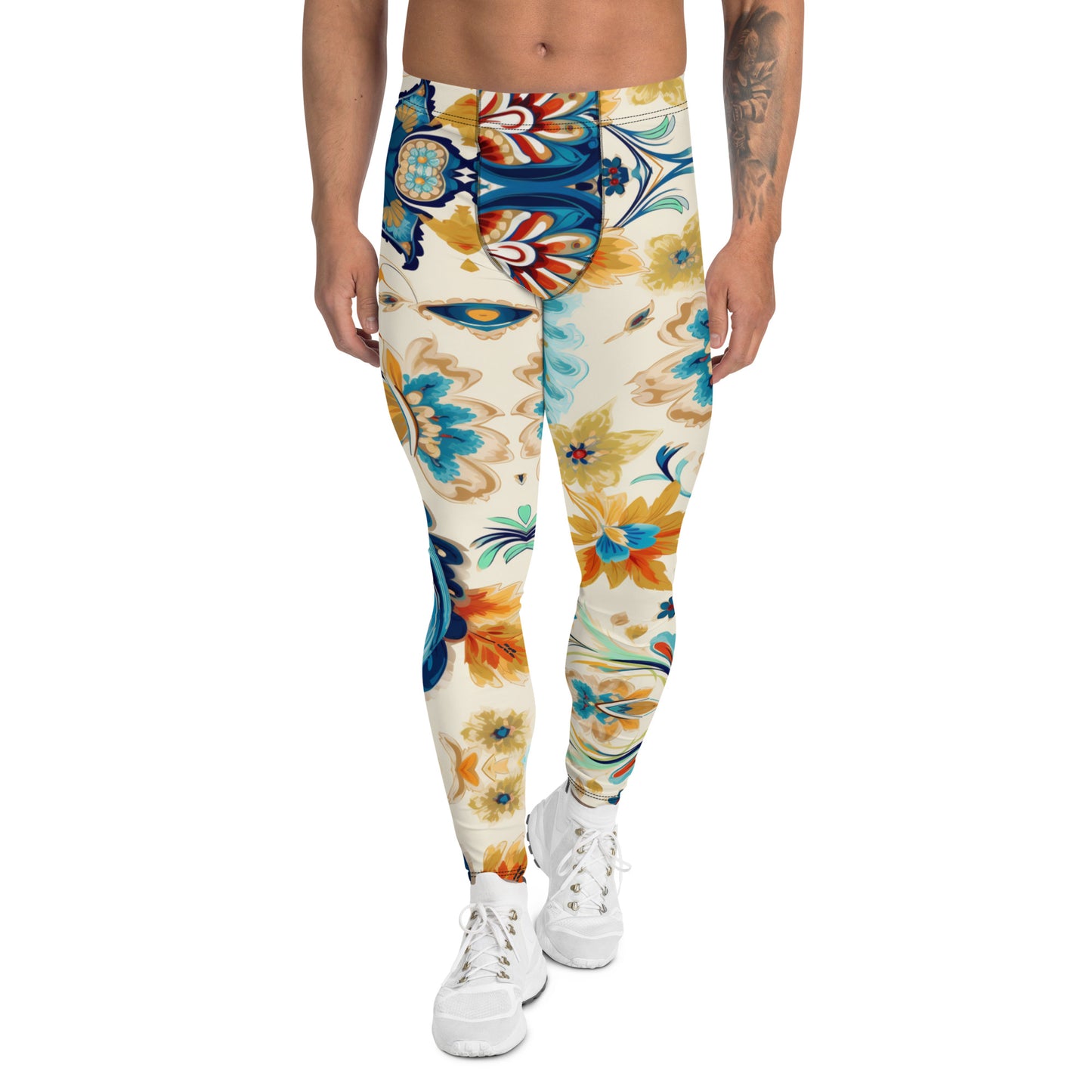 Men's all-over print leggings with white background, full-front view alternate angle.