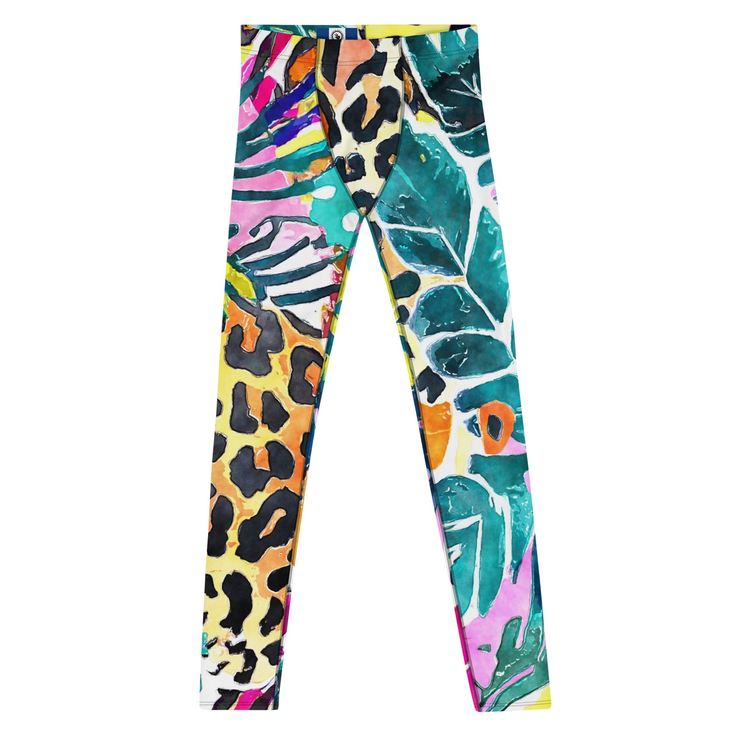 Men's all-over print leggings with white background, full-front view.