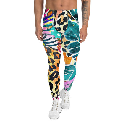 Men's all-over print leggings with white background, full-front view alternate angle.