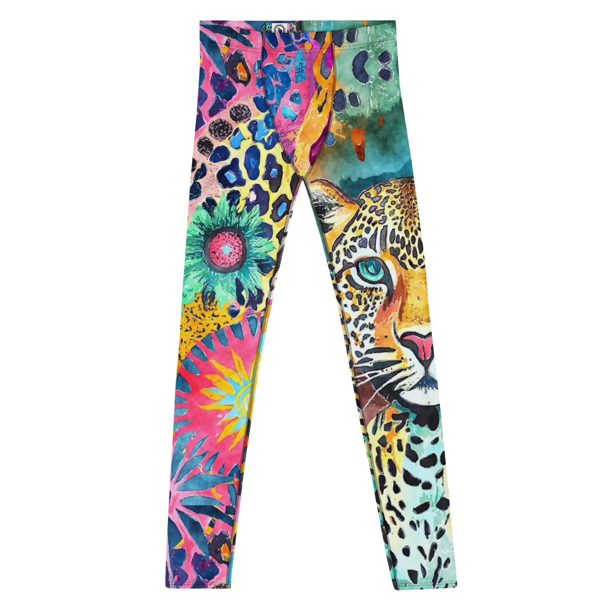 Men's all-over print leggings with white background, full-front view.