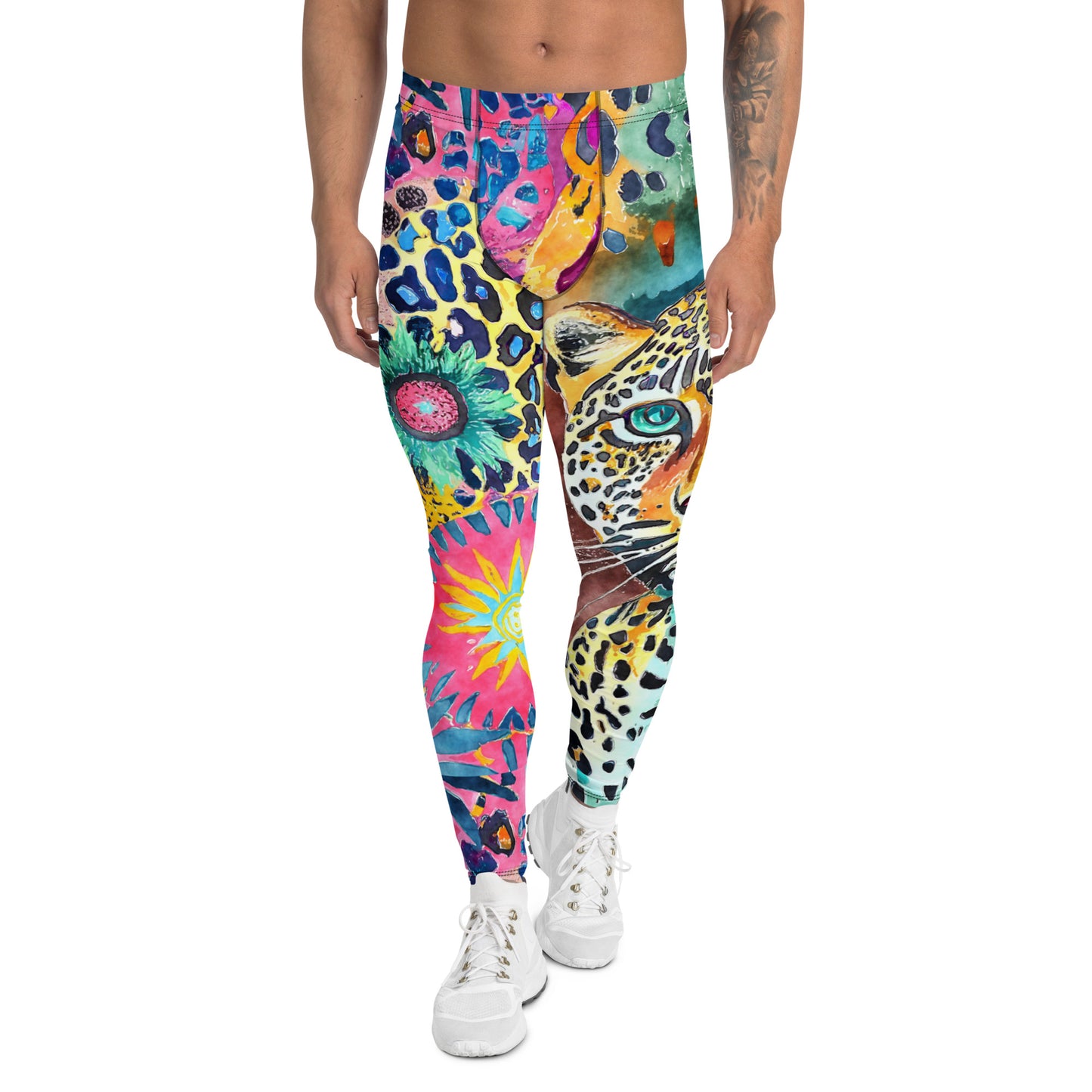 Men's all-over print leggings with white background, full-front view alternate angle.