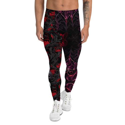 Crimson Requiem Men’s Leggings – Gothic Skull & Hearts Workout Pants, Rave, Gym Tights, Black, Red, Wrestling Tights, Gifts for Him