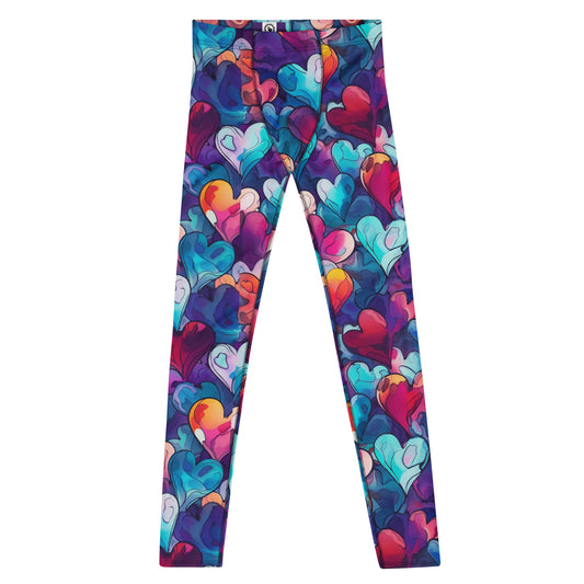 LoveStorm Men’s Leggings – Vivid Watercolor Heart Print Pants for Festivals & Flow Valentines Day, Yoga Tights, Colorful Pants
