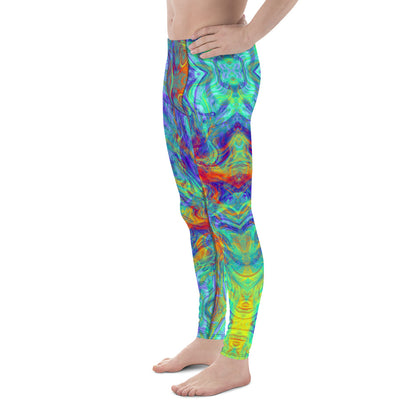 Men's all-over print leggings with white background, left-side view alternate angle.