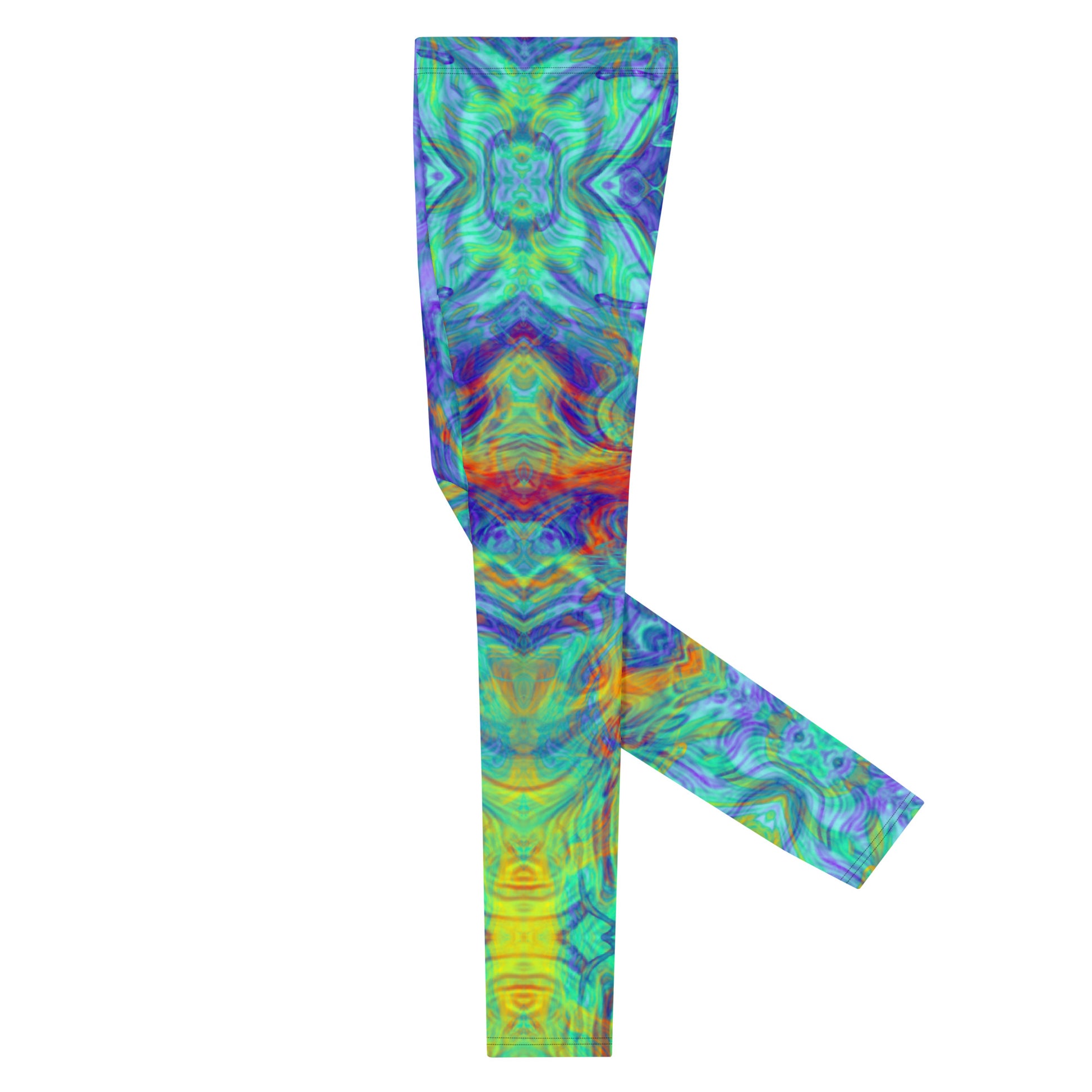 Men's all-over print leggings with white background, right-side view alternate angle.